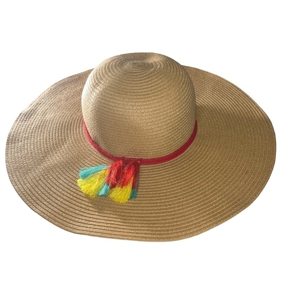 Serra floppy boho wide brim straw beachy hat with tassels. - Picture 1 of 11